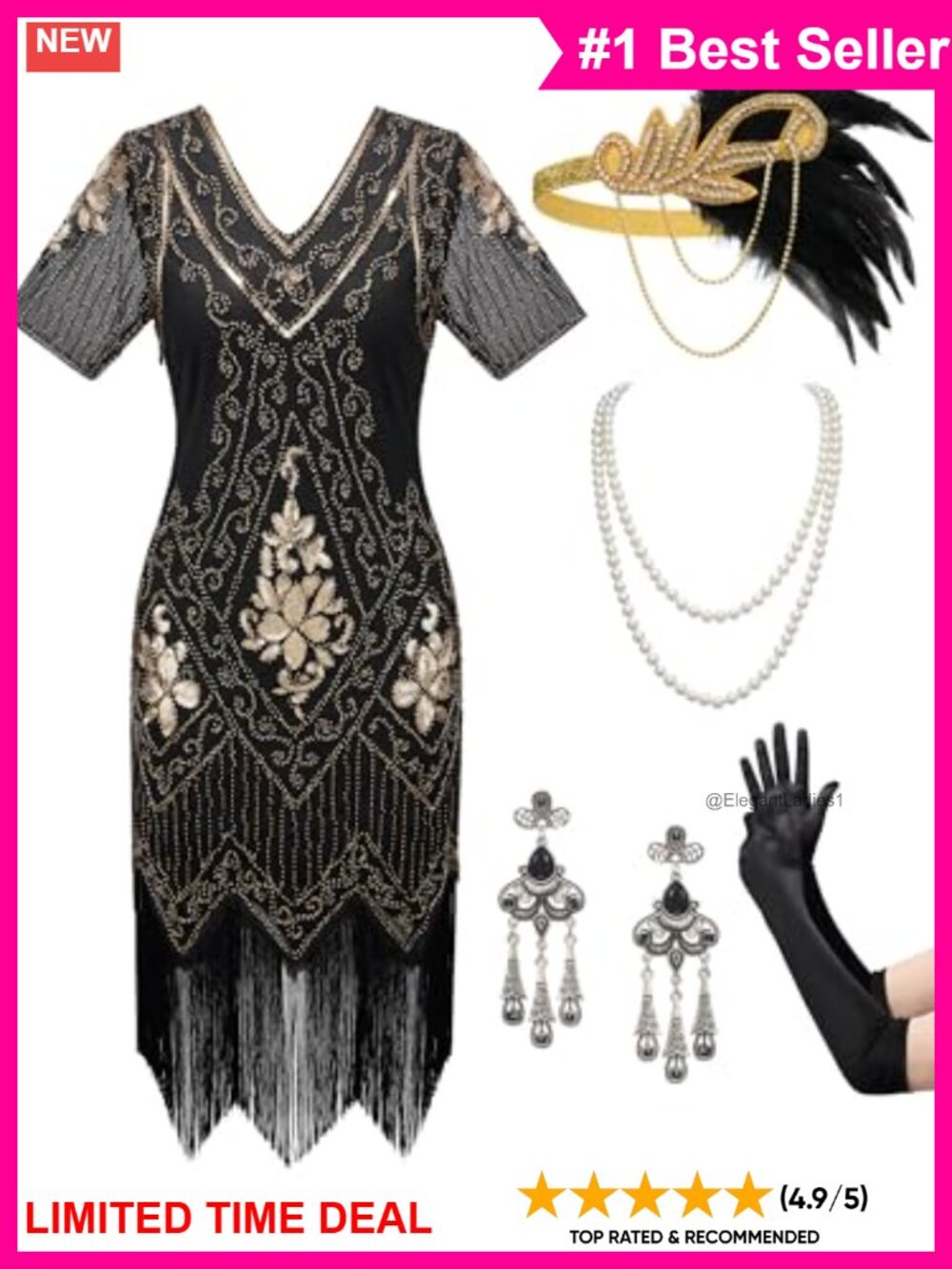 SWEETV 1920s Flapper Sequin Dress Gatsby Costume Set Fringe Headband